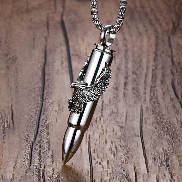 Mens Eagle Bullet Pendant On A Stainless Steel Box Chain Necklace