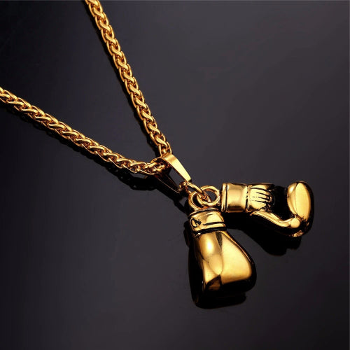 Mens Gold Boxing Gloves Pendant On A Gold Stainless Steel Chain