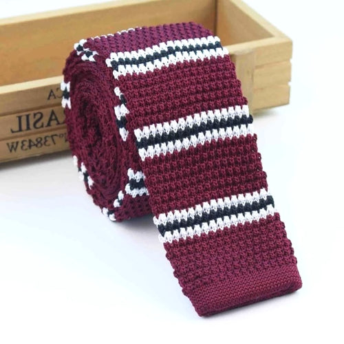 Classy Men Wine Red Striped Square Knit Tie