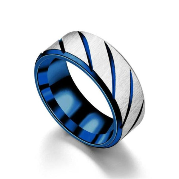 Classy Men Blue Striped Stainless Steel Ring - Classy Men Collection