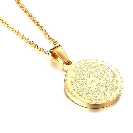 The backside of the pendant features the Lords Prayer