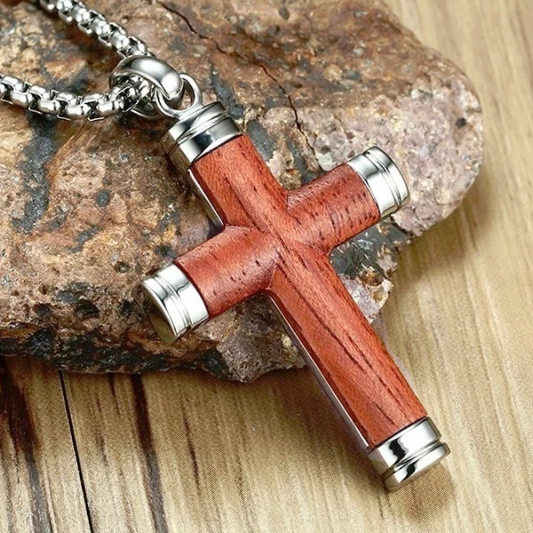 Stainless Steel Wooden Cross Mens Necklace Black Stainless Steel