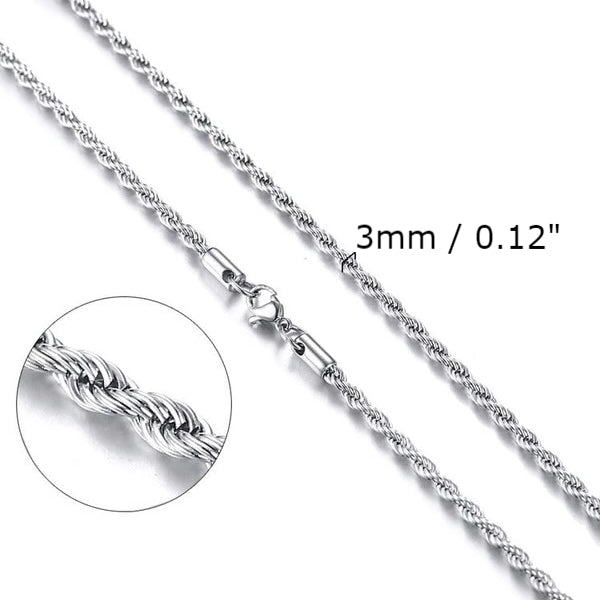 上品なメンズ 3mm ツイスト シルバー ロープ チェーン ネックレス