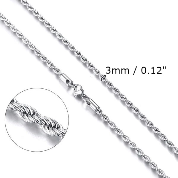 Classy Men 3mm Twisted Silver Rope Chain Necklace