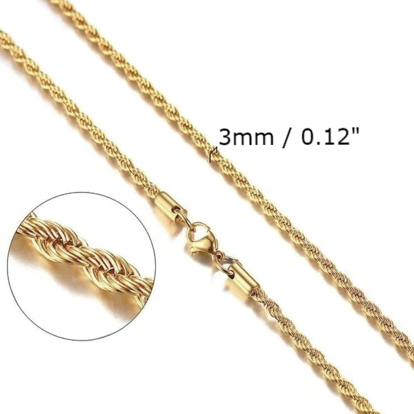 Classy Men 3mm Twisted Gold Rope Chain Necklace