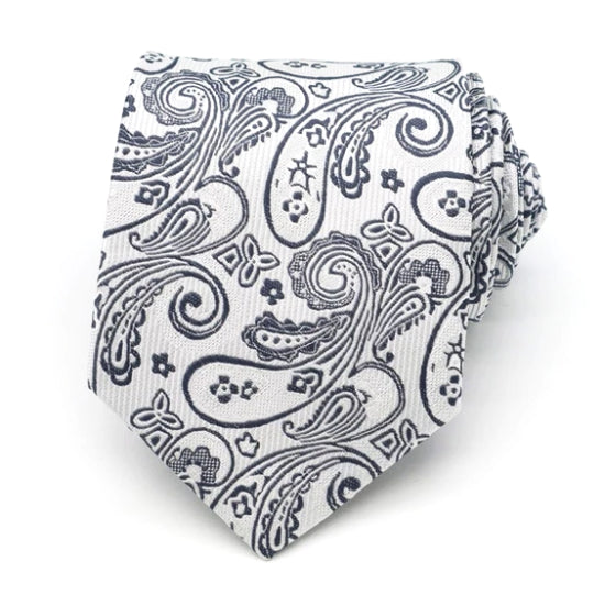 Cravatta di seta paisley argento bianca da uomo di classe