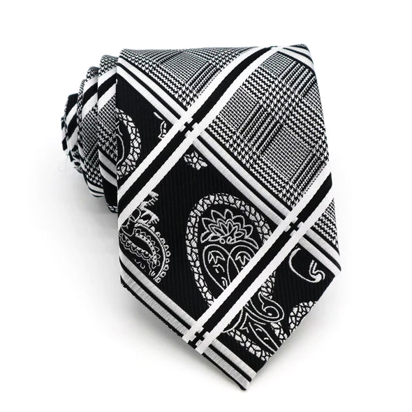 Classy Men Black White Paisley Striped Tartan Silk Tie