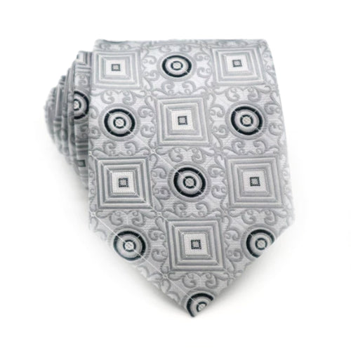 Classy Men Geometric Silver White Silk Tie