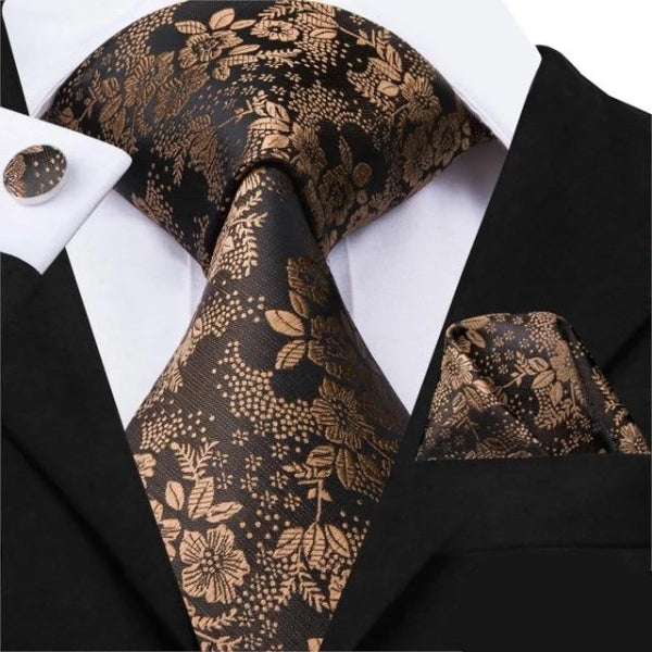 Classy Men Black Rose Gold Floral Silk Tie