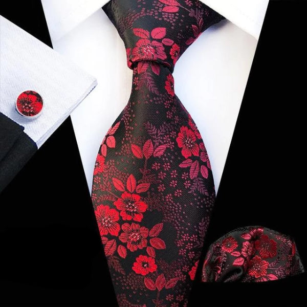 Cravatta di seta floreale nera rossa da uomo di classe