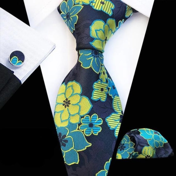 Classy Men Yellow Blue Floral Silk Tie