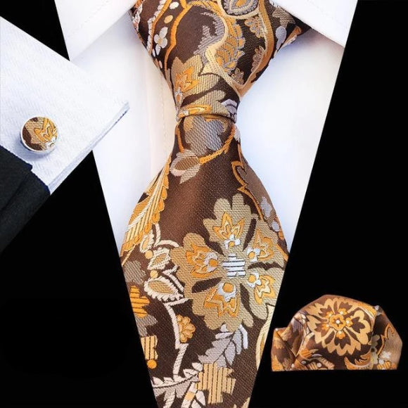 Classy Men Brown Orange Floral Silk Tie