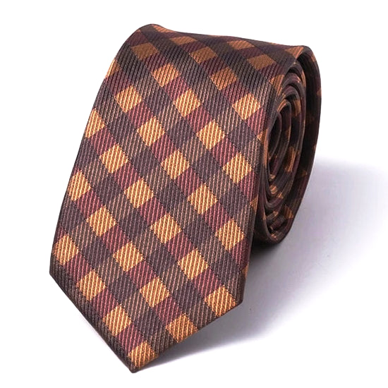 Classy Men Brown Gingham Silk Skinny Tie - Classy Men Collection
