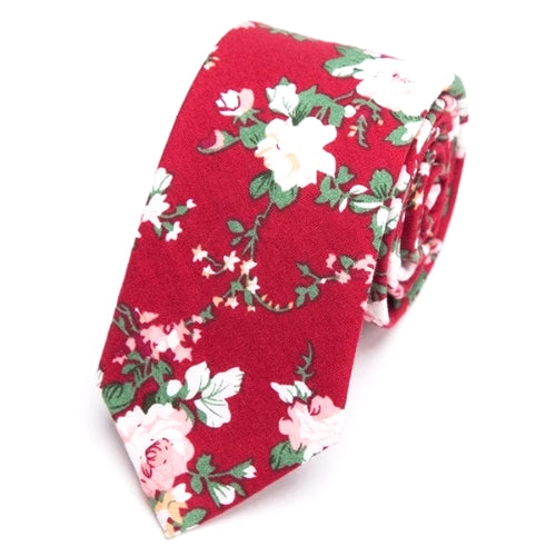 Classy Men Red Floral Skinny Cotton Tie