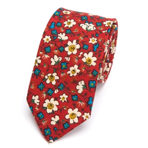 Cravatta da uomo in cotone skinny floreale rosso bianco blu di classe