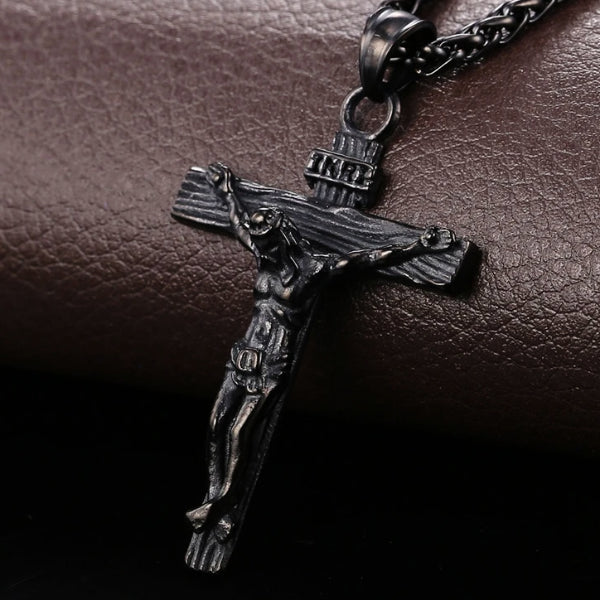 Classy Men Black Jesus INRI Cross Crucifix Pendant Necklace