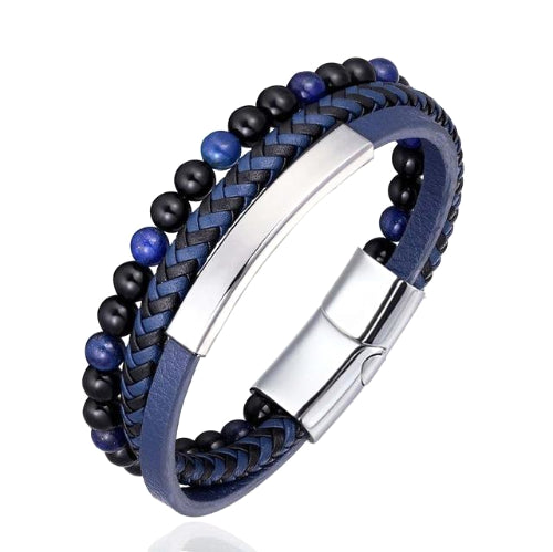 Men's Shema Yisrael 3-Band Beaded Leather Bracelet with Magnetic Clasp -  Blue and Black