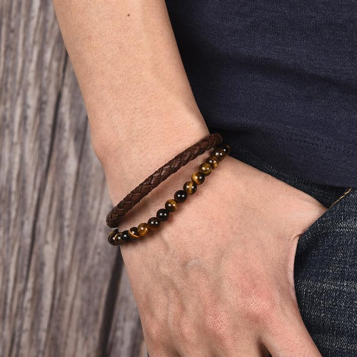 Classy Men Brown Dual Beaded Leather Bracelet - Classy Men Collection