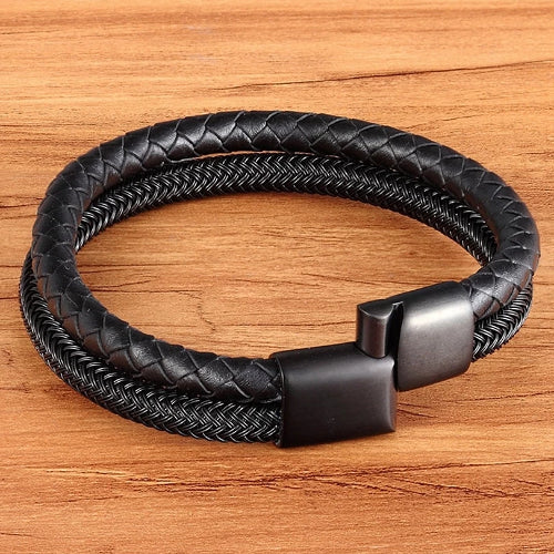 Classy Men Black Stainless Steel Leather Band Bracelet