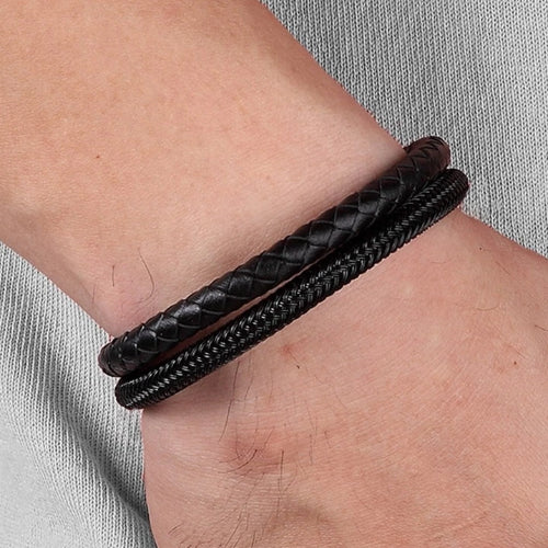 Classy Men Black Stainless Steel Leather Band Bracelet