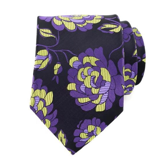 Cravatta di seta floreale gialla viola da uomo di classe