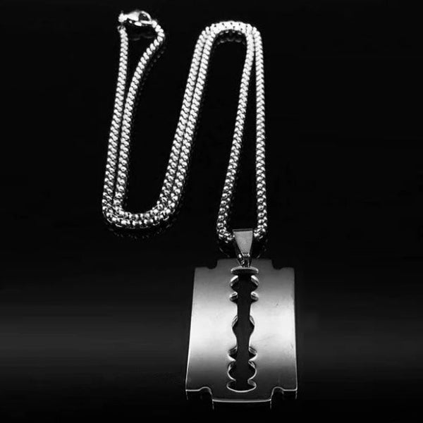Mens razor blade pendant necklace in silver color