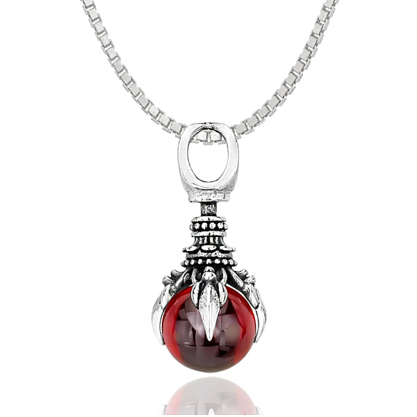 silver-toned oracle pendant holding a red crystal ball of harmony hanging from a box chain