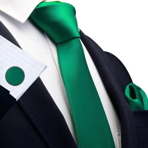 Shamrock green silk tie set on a suit