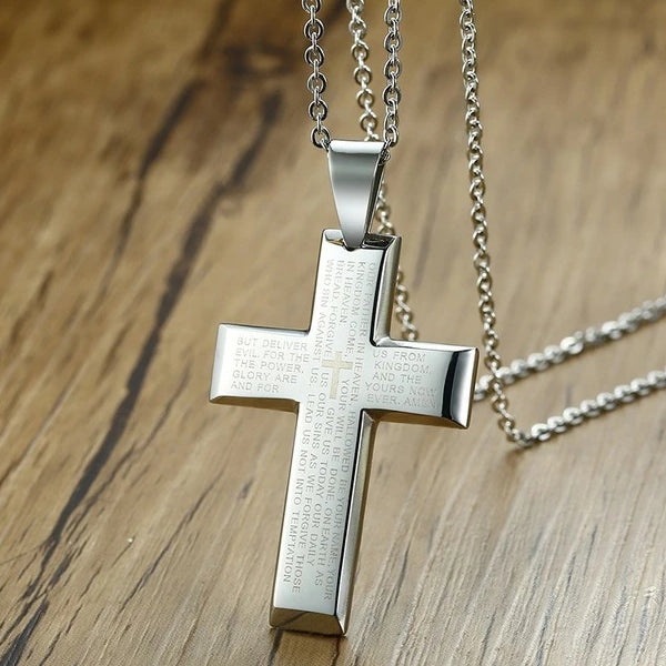 Collana con pendente a croce con versetto biblico in argento da uomo di classe
