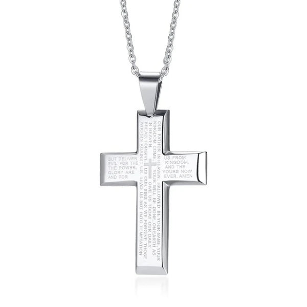 Collana con pendente a croce con versetto biblico in argento da uomo di classe