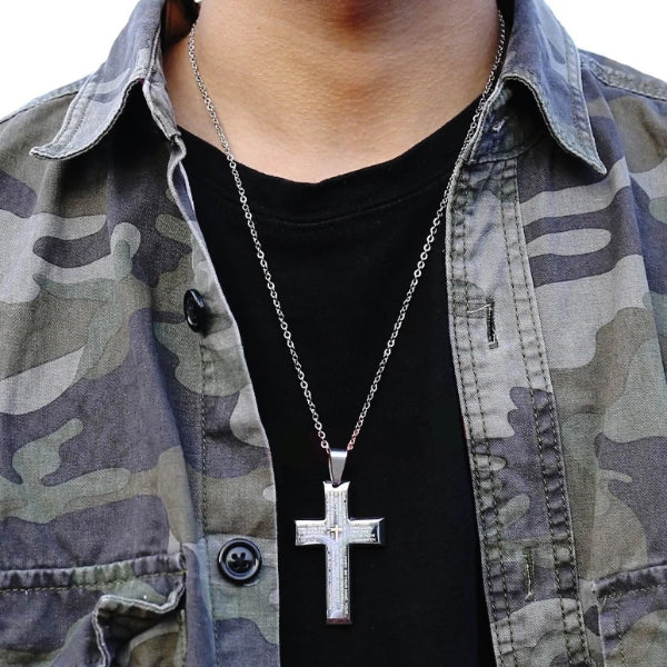 Classy Men Silver Bible Verse Cross Pendant Necklace