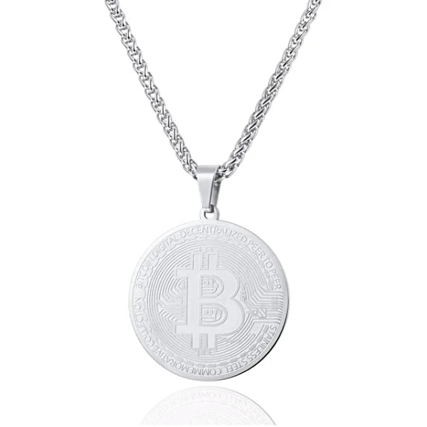 Silver Bitcoin digital currency pendant hanging on a chain necklace
