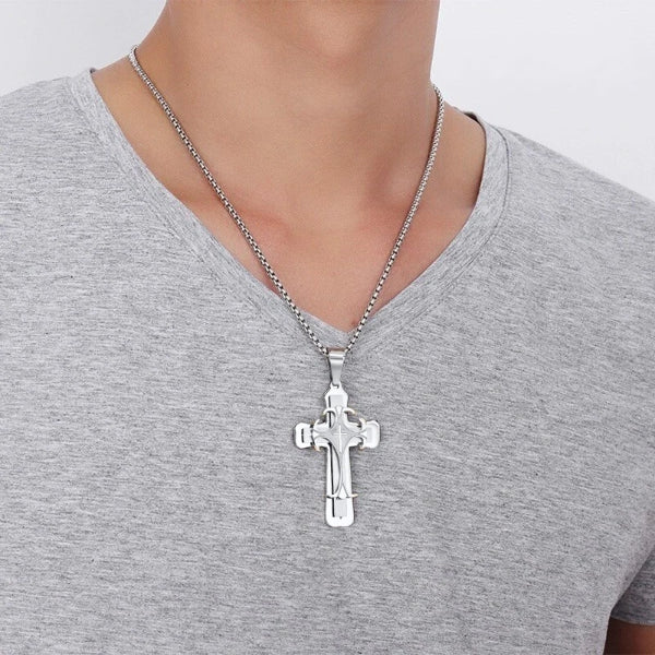 Classy Men Silver Designer Syriac Cross Pendant Necklace