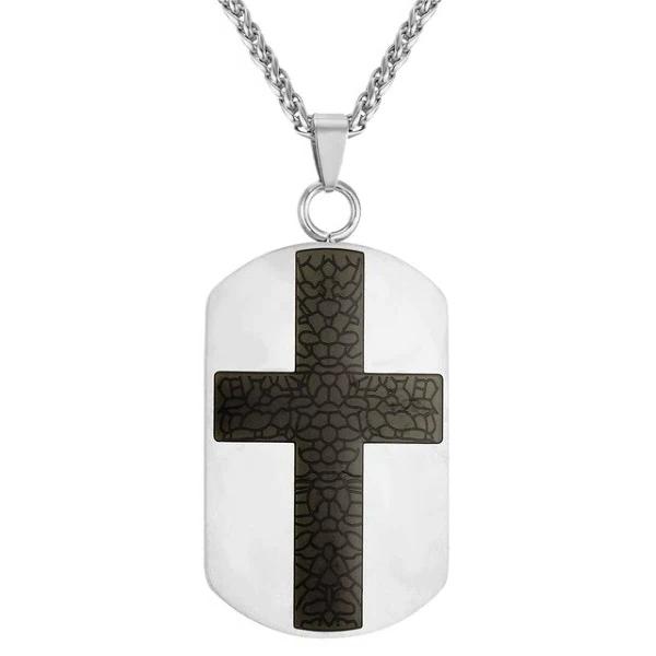 silver dog tag cross necklace pendant - black cross on a silver pendant