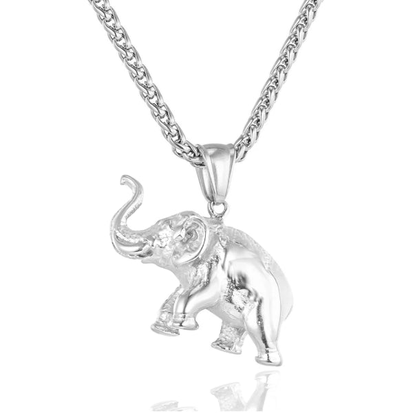 silver elephant pendant hanging on a silver chain