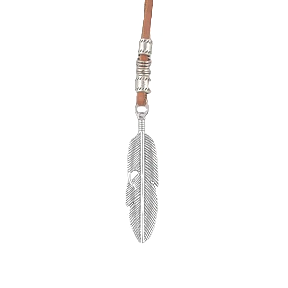 silver feather necklace with a leather chain for men
