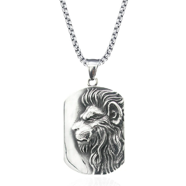 Lion pendant necklace Amber Amulet jewelry men gold brass head fang -  Crealandia