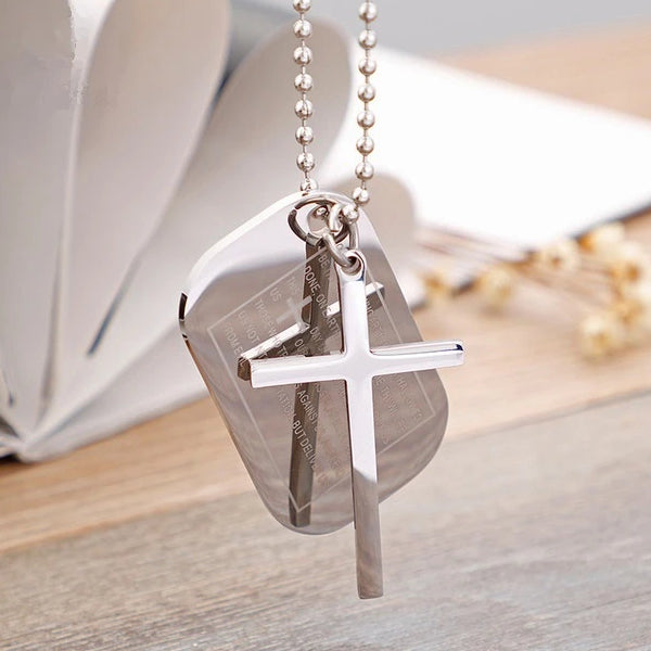 Classy Men Silver Lord's Prayer Cross Pendant Necklace