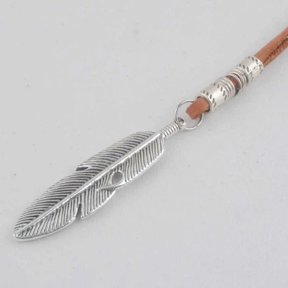 Classy Men Silver Leather Feather Pendant Necklace