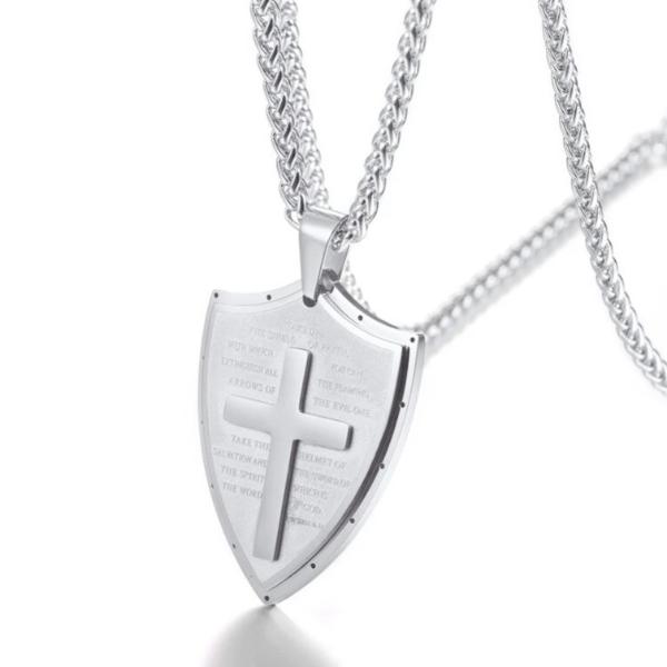 Classy Men Silver Shield Of Faith Pendant Necklace