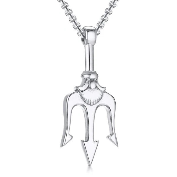Classy Men Silver Poseidon Trident Pendant Necklace