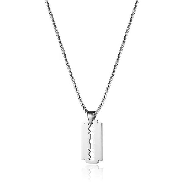 Silver razor blade pendant necklace for men with a stainless steel box chain