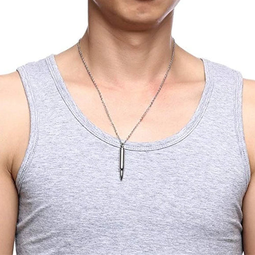 Man wearing a silver rifle bullet pendant necklace