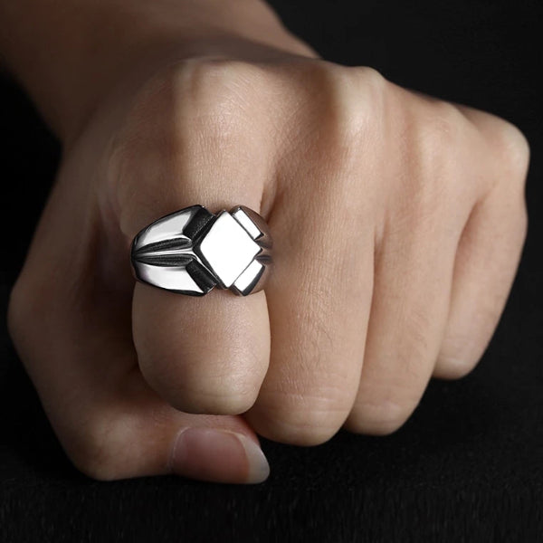 Model wearing the silver Viking ring on left hand index finger