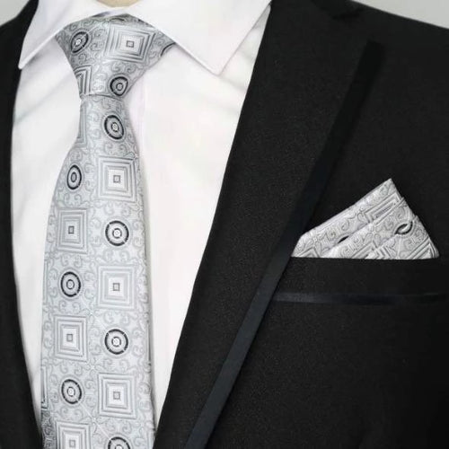 Classy Men Geometric Silver White Silk Tie