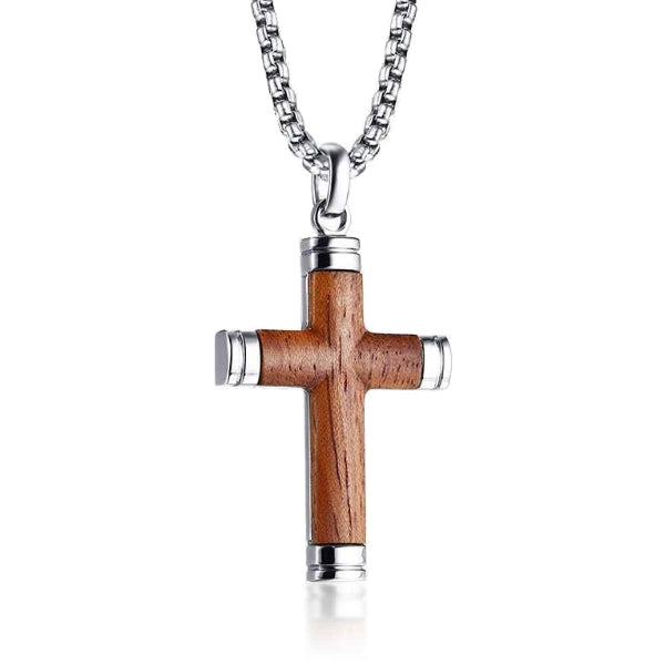 Classy Men Silver Wood Crucifix Cross Pendant Necklace