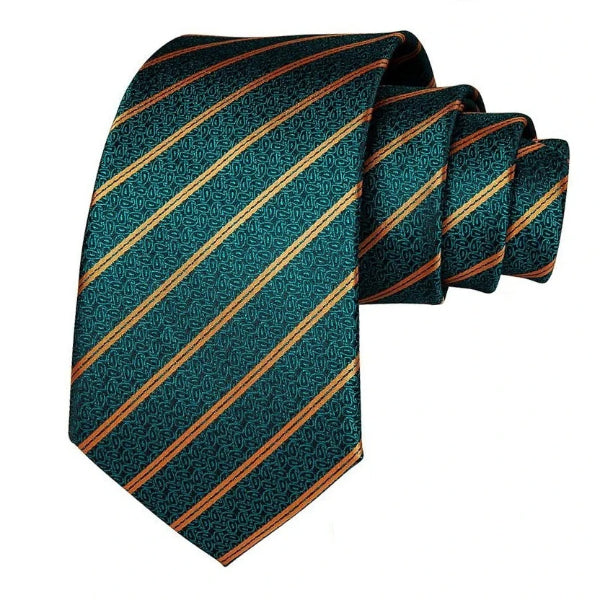 Teal green paisley necktie with gold diagonal stripes made of silk