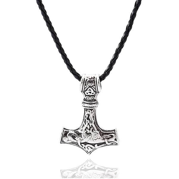 Thor's hammer pendant hanging on leather necklace