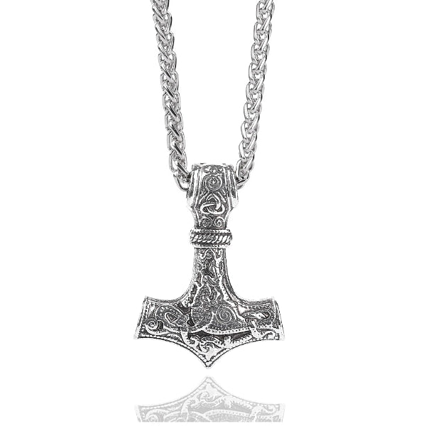 Thor's hammer pendant hanging on a chain necklace