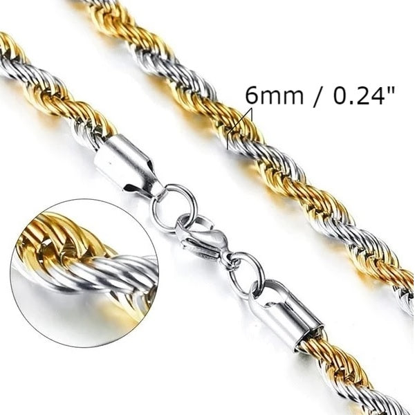 Collana a catena con corda intrecciata in oro argento da 6 mm di classe da uomo